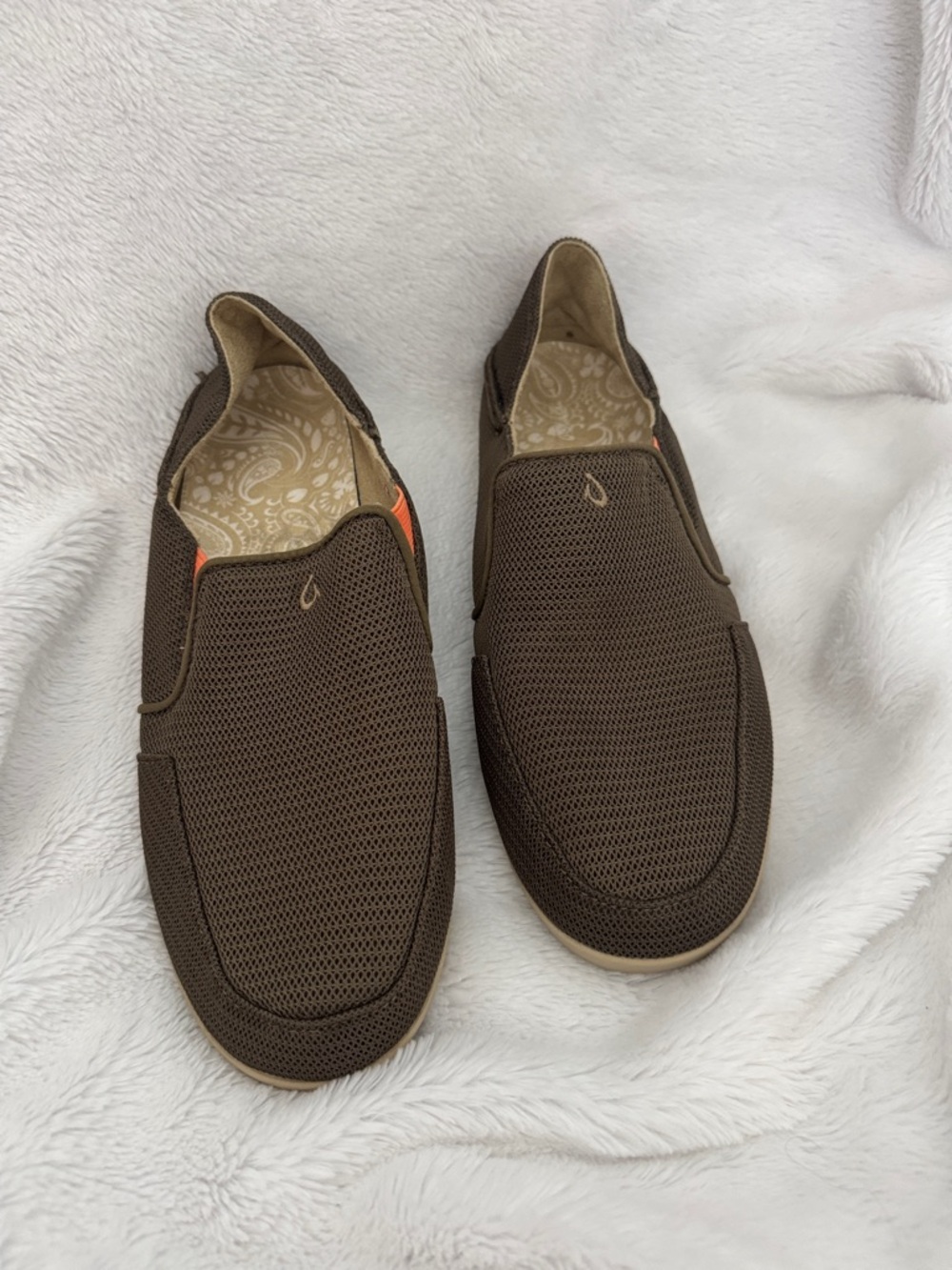 OluKai Brown Mesh Slip-Ons with Orange Accent